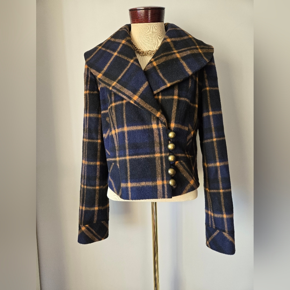 JANE NORMAN LONDON Navy And Tan Plaid Wool-Blend Jacket. Sieze UK 14/40 US Med/L